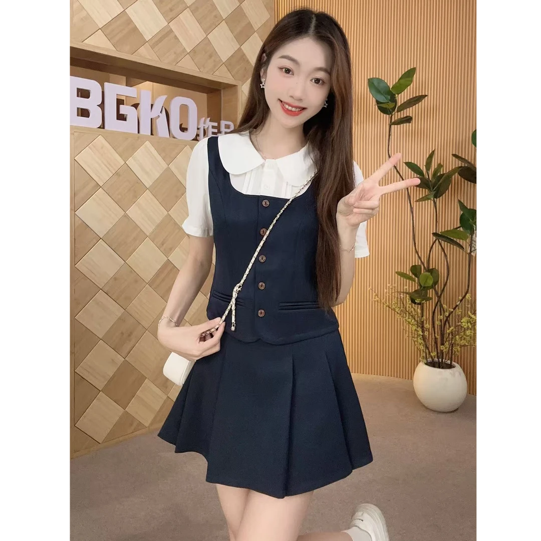 碧高小个子女装  复古娃娃领衬衫百褶裙收腰显瘦上下套装