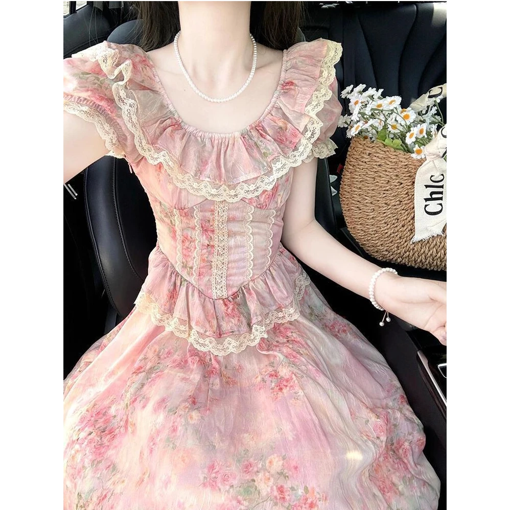 12455【糖糖】大码女装甜美风重工拼接荷叶边短袖连衣裙夏季印花