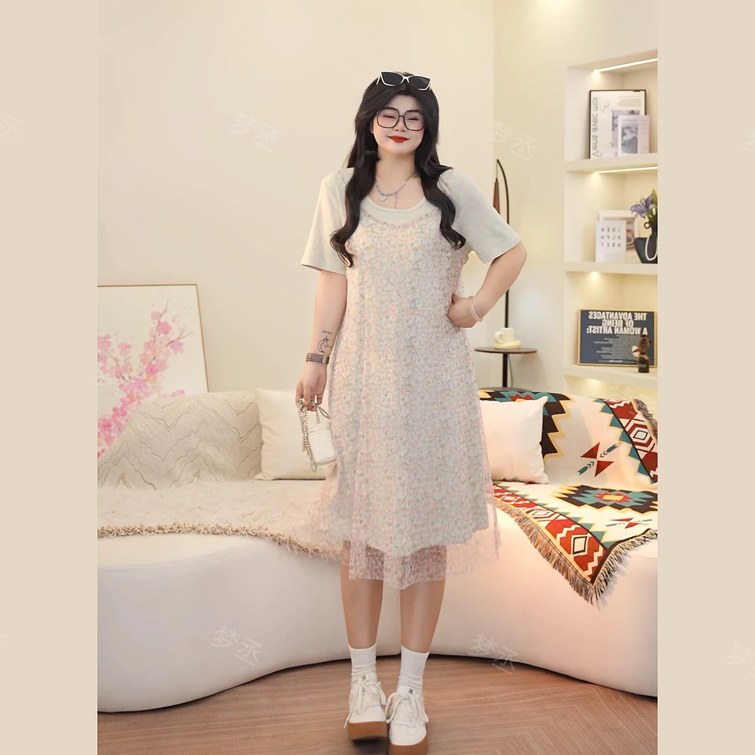 梦丞-胖妹妹大码女装圆领假两件设计感长裙宽松微胖显瘦连衣裙