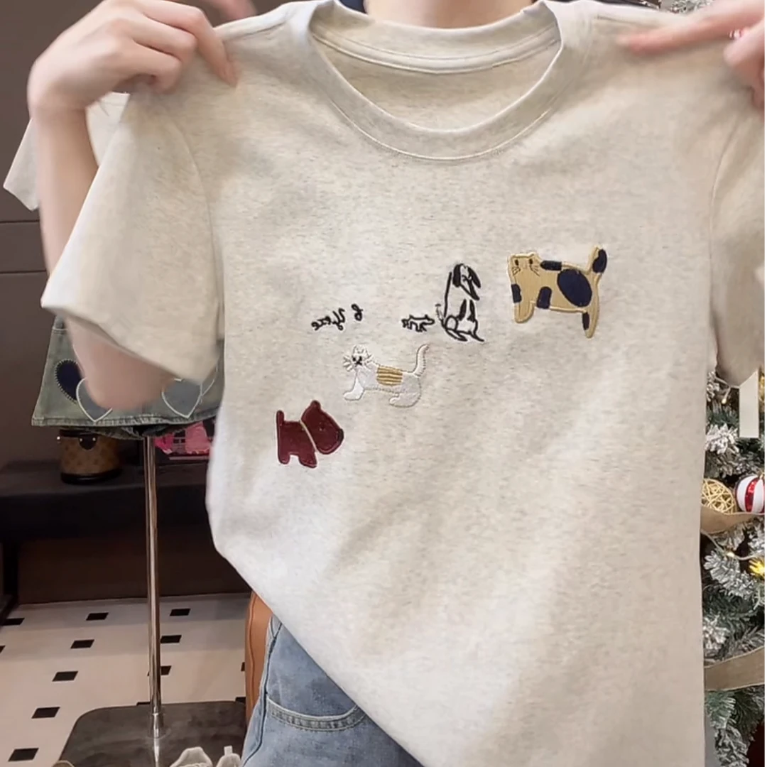 100棉纯棉【趣味猫狗】夏季女装圆领短袖重工刺绣小狗小猫T恤上衣t
