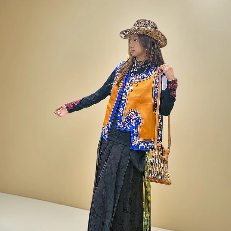 泰国东南亚风格黄色休闲圆领民族风纯手工刺绣舞台女士马甲