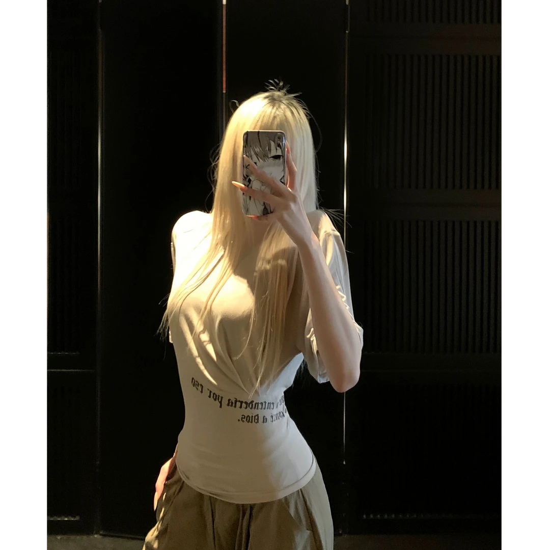 夏季字母不规则收腰短袖辣妹设计感显瘦T恤上衣 A3707