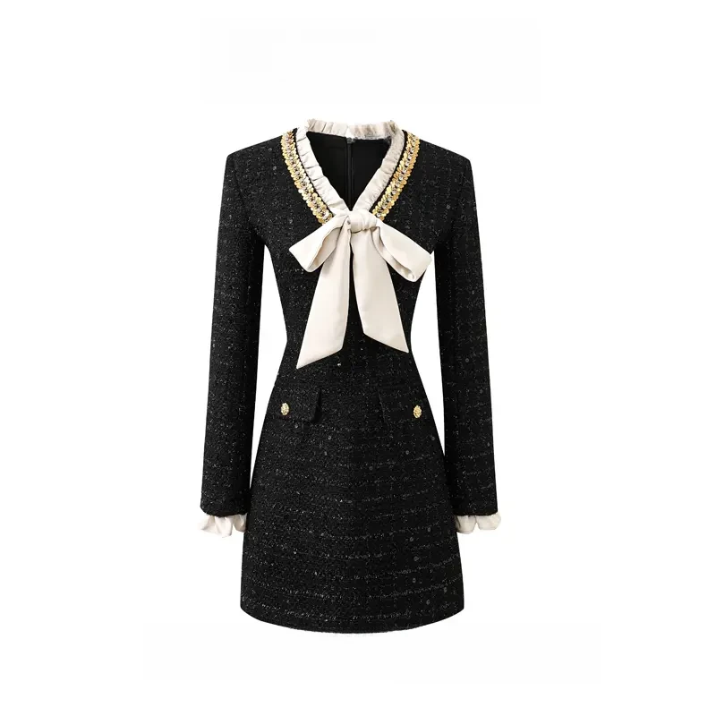 【文文】【有里布】小香风显瘦气质小个子短款黑色长袖连衣裙LJ0080