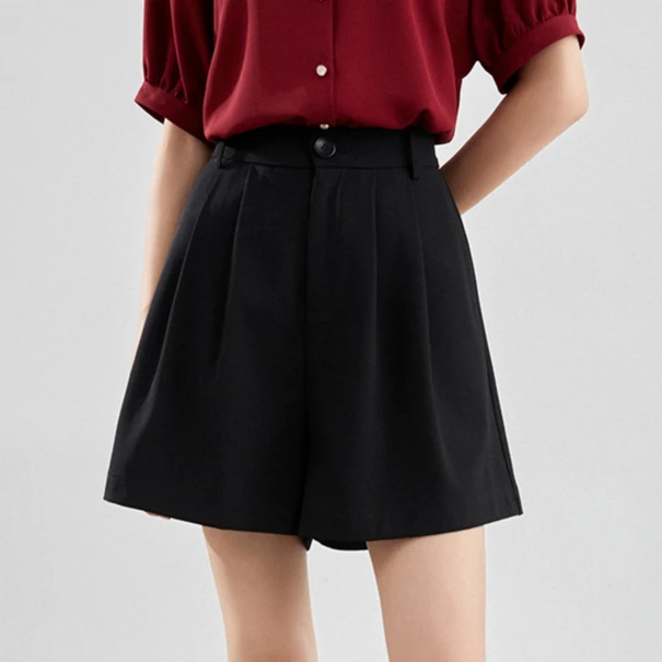 【曼贝】高腰短裤女夏季百搭显瘦A字百褶休闲阔腿裤子8562737【妮妮】