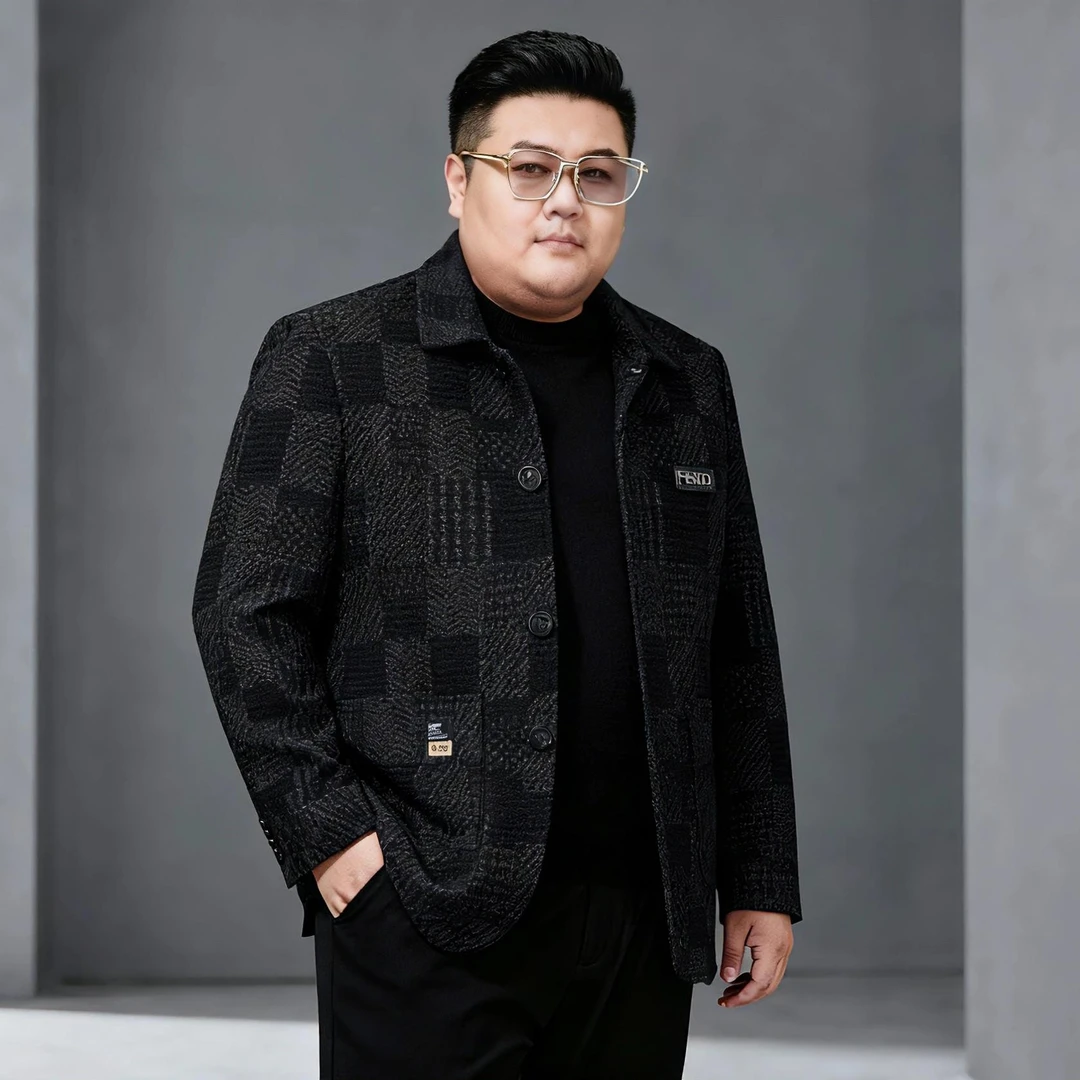 大码中年男士夹棉呢子外套翻领新款薄棉衣胖子休闲中长款外套男