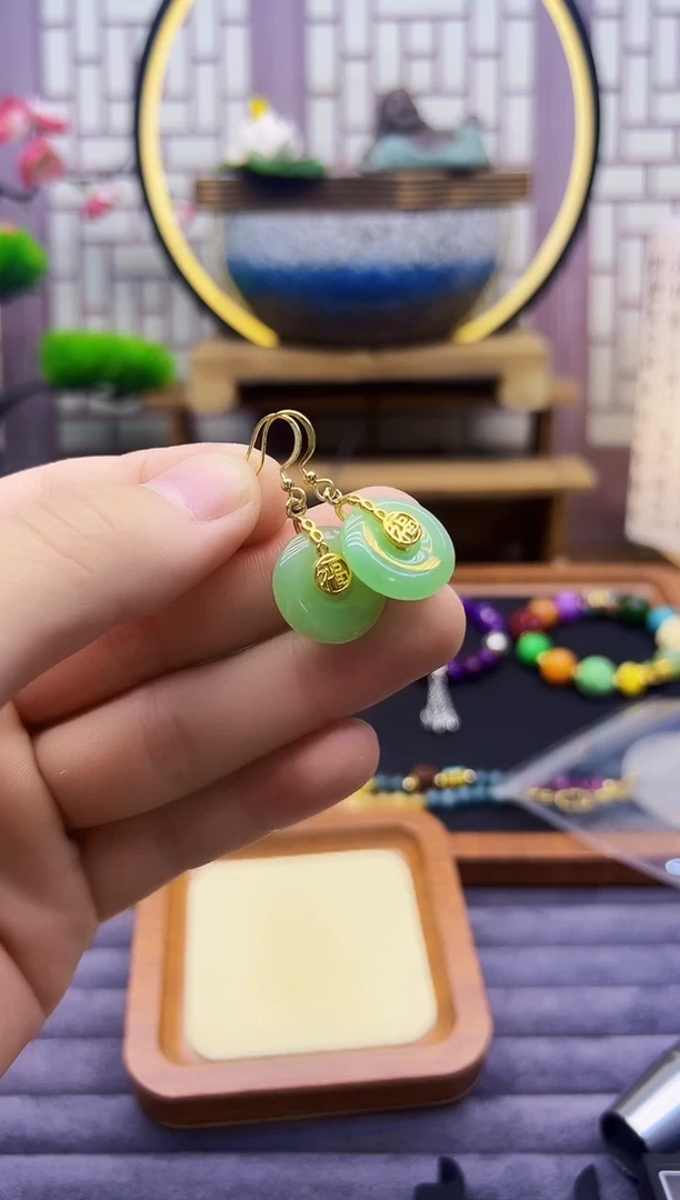 和田玉14K金镶嵌耳饰E205