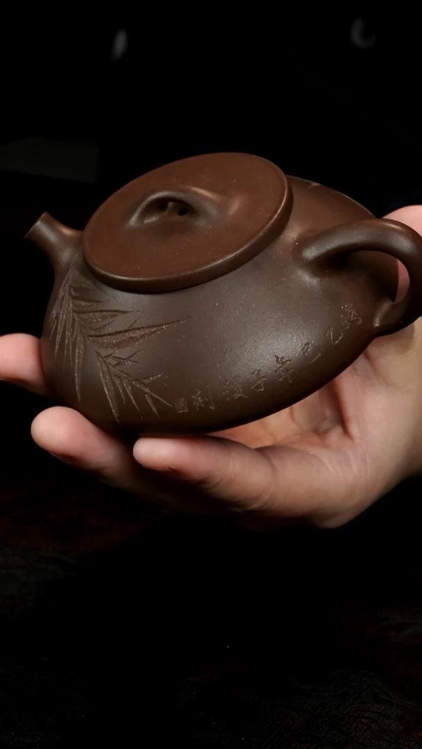 茶壶紫砂紫泥刻竹石瓢壶微瑕