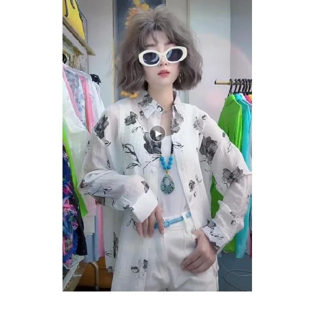 3D夏季POLO领上衣长袖百搭衬衫宽松纽扣休闲印花时尚