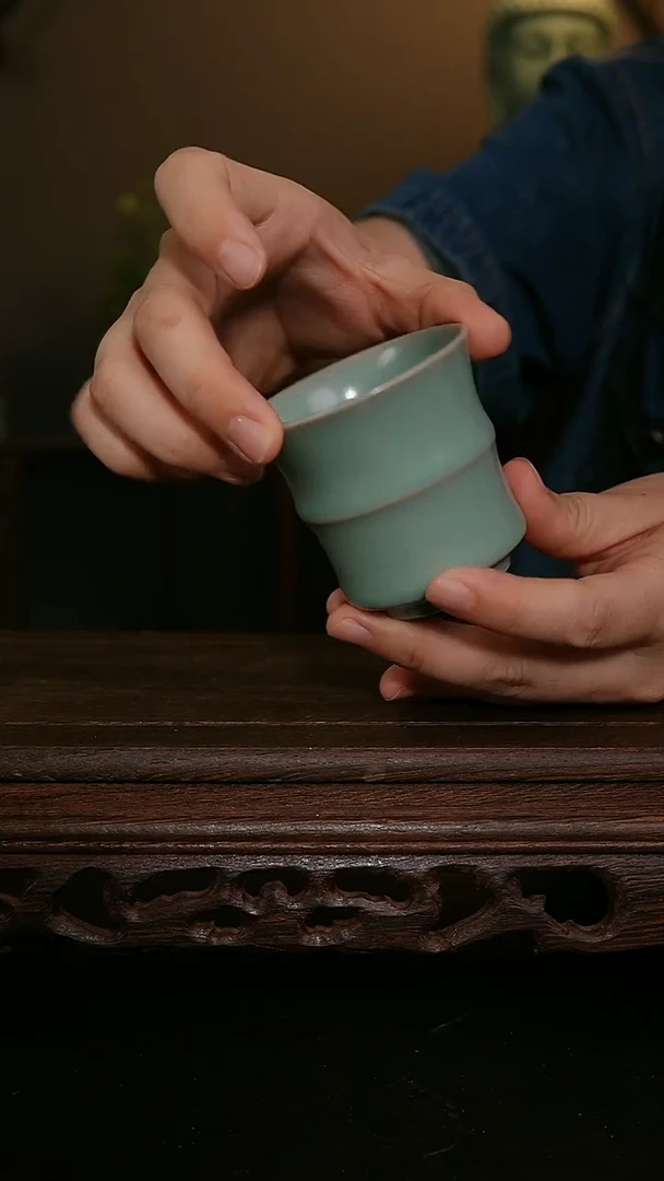 茶器仿古手工军绿竹节杯