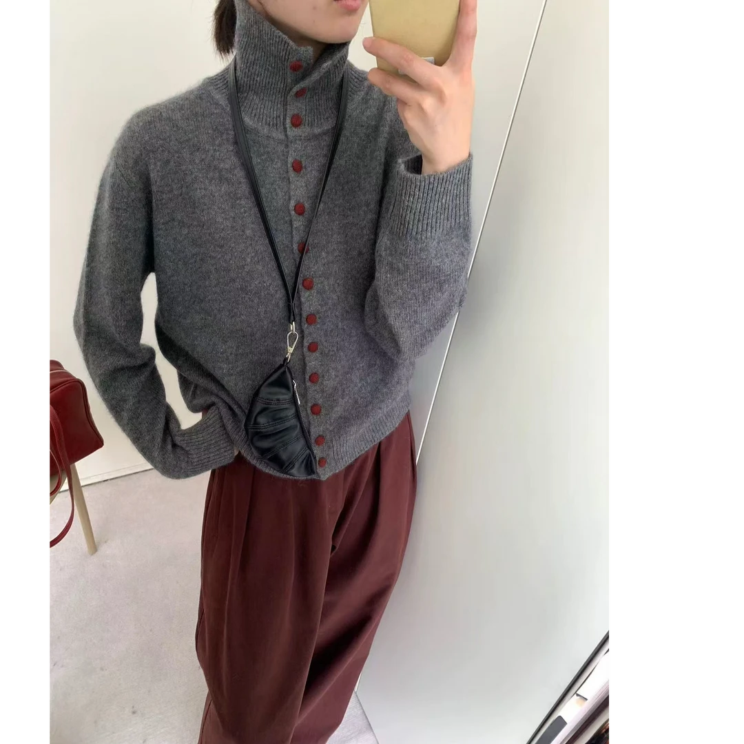 【专属】~绵羊毛立领长袖针织开衫宽松秋冬单排扣设计感针织衫