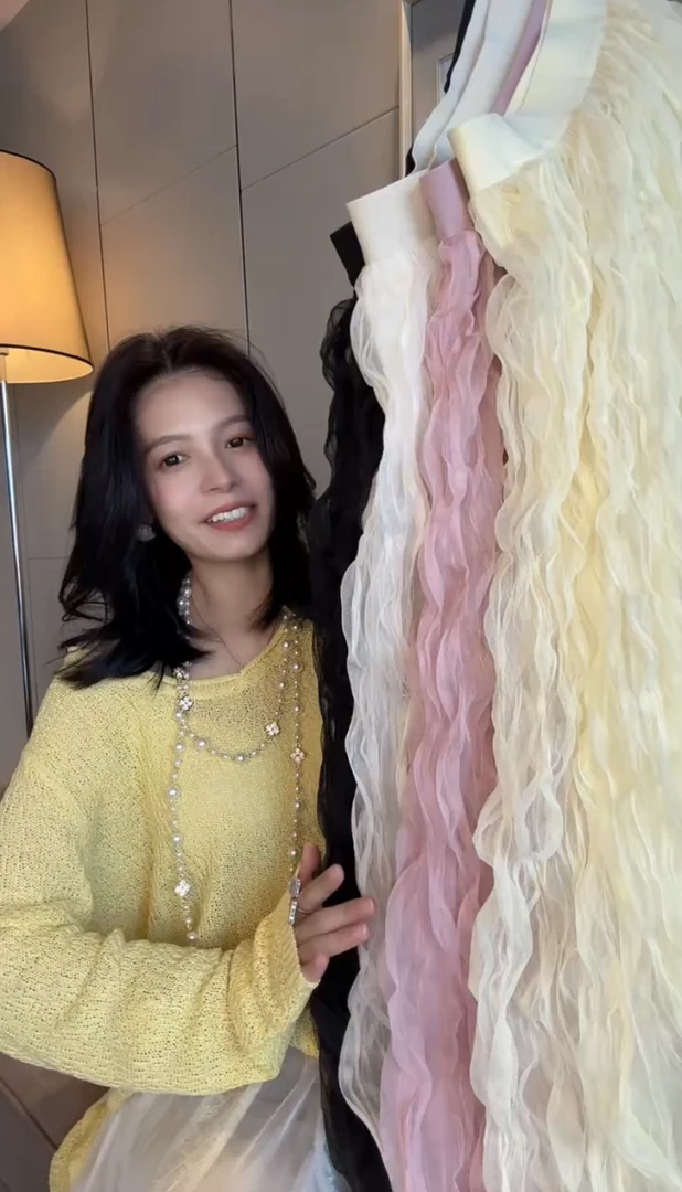 法式网纱半身裙女春夏甜美温柔杏色中长裙设计感褶皱高腰a字裙子