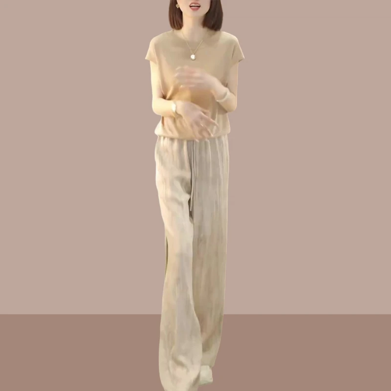 夏季时尚两件套2025新款针织短袖宽松休闲裤子微胖搭配女装一整套