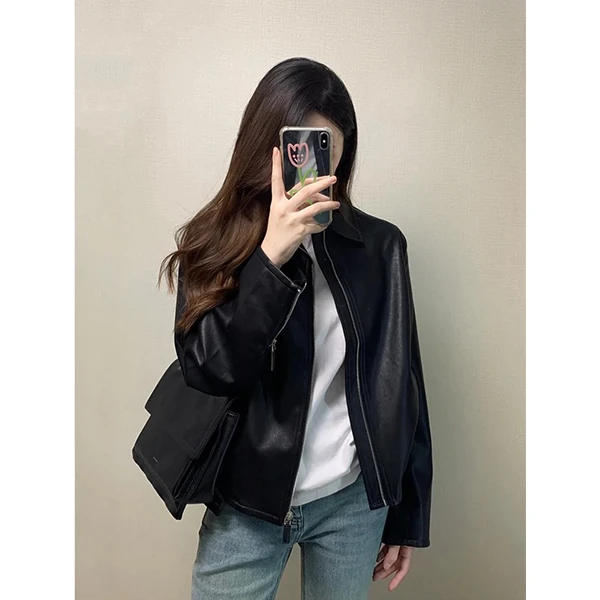 短款黑色皮衣外套女2025年春秋新款酷飒风小个子爆款机车气质复古