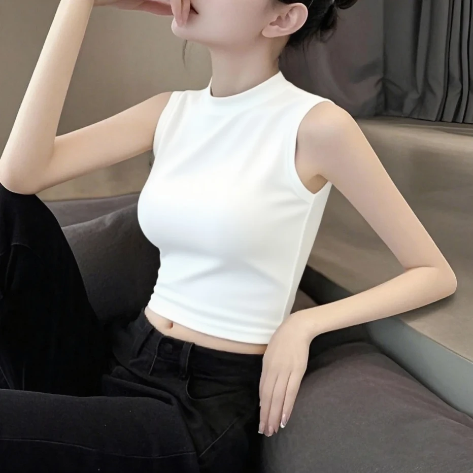 韩版白色半高领短款无袖背心女新款夏季辣妹运动工字外穿打底上衣