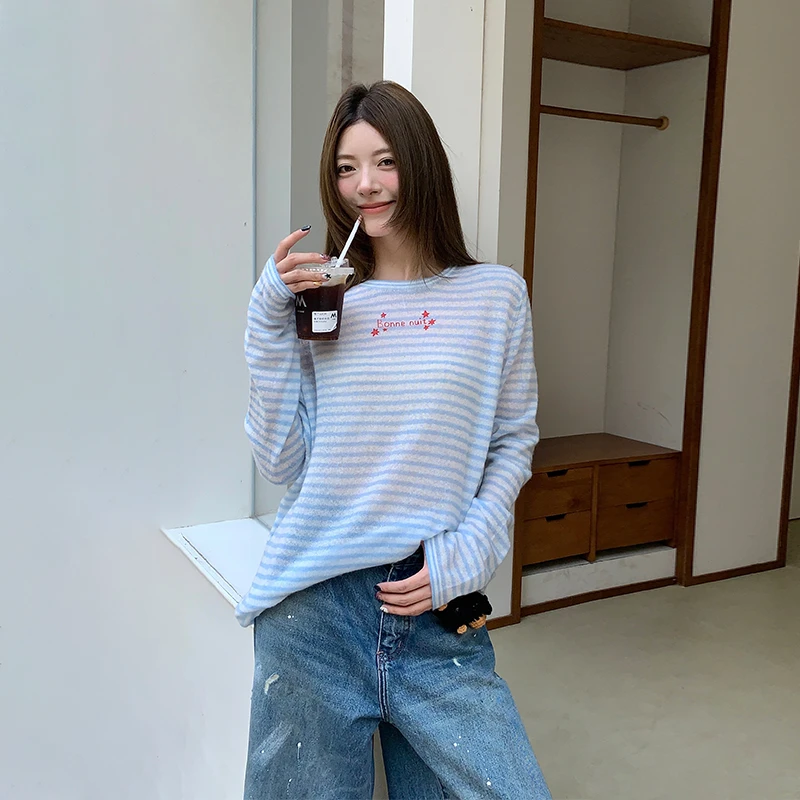 河岸家买手店YANAG休闲风撞色晚安星星条纹套头针织衫女25秋新款