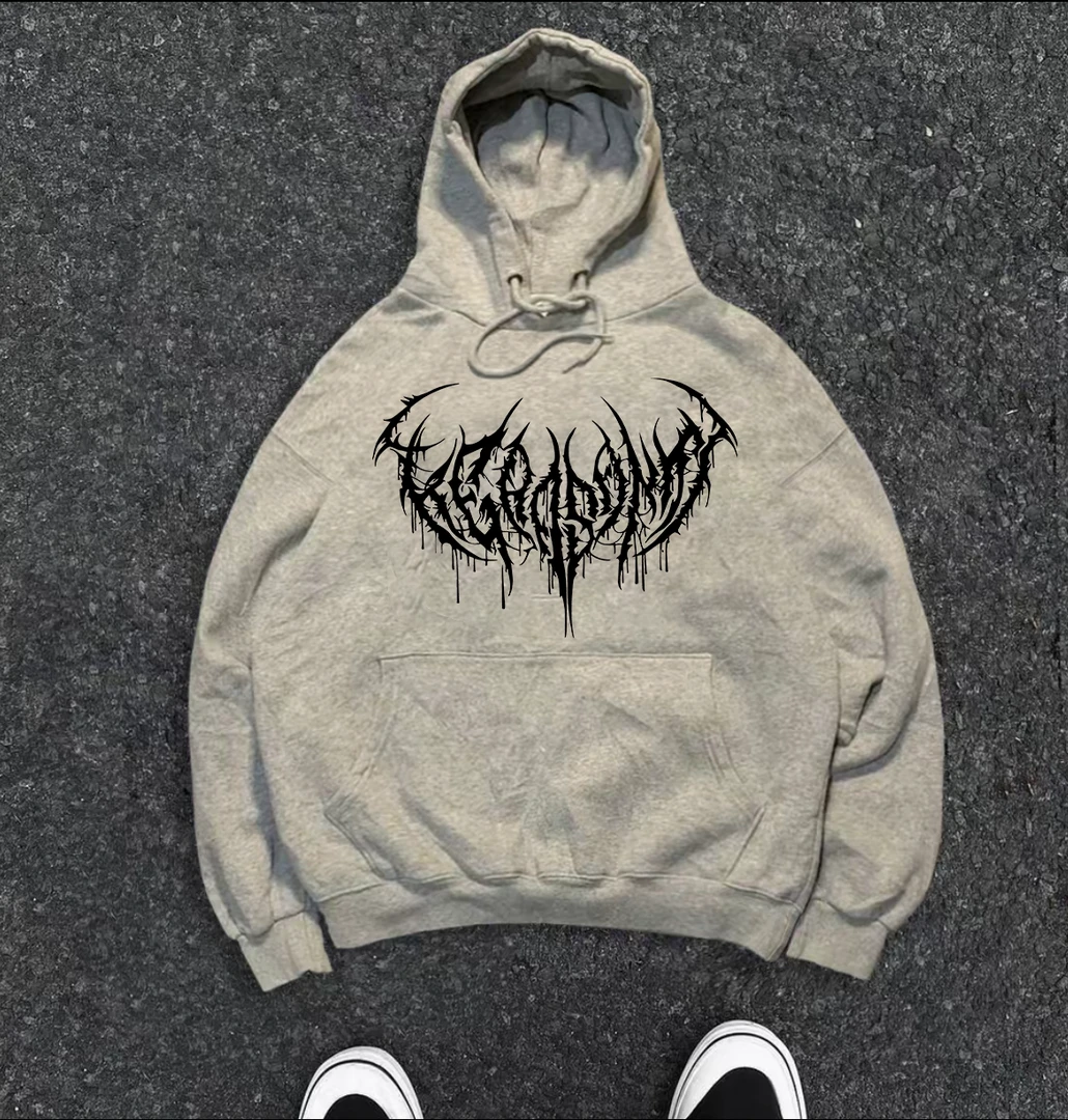 美式复古秋冬薄款卫衣男连帽衫痞帅暗黑创意图案宽松慵懒风外套