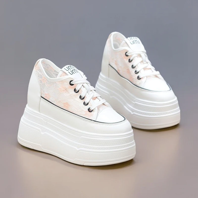 【增高10、12厘米】超高跟内增高小白鞋蕾丝网面透气百搭厚底松糕鞋