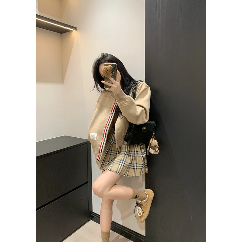 套装女2025春季新款韩系学院风休闲百搭长袖外套高腰格子百褶短裙