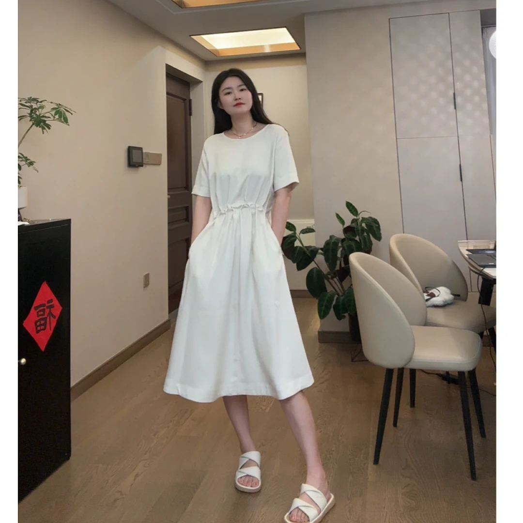 1 老钱 松弛感 麻感醋酸 收褶圆领A版连衣裙