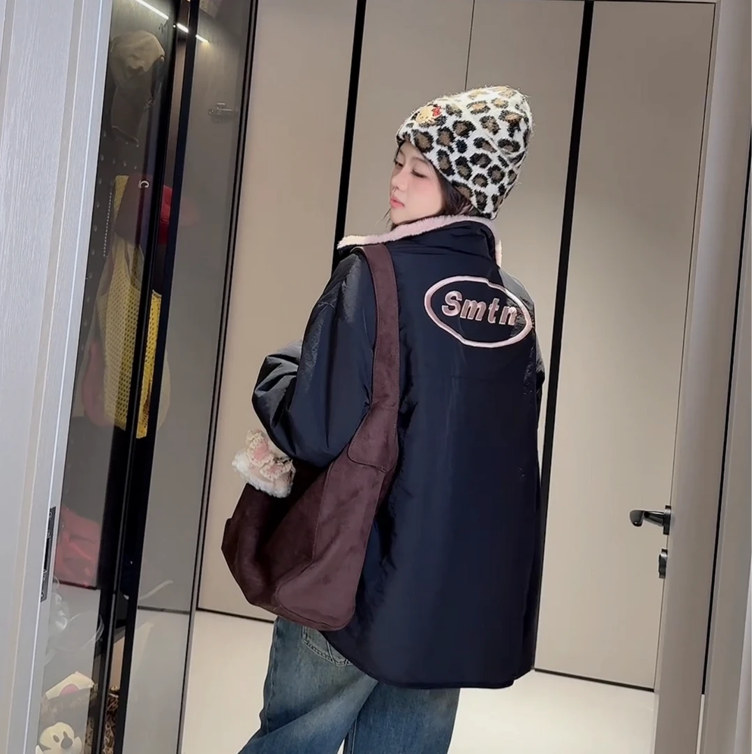 TTY 2025冬款美式纯色简约学院风字母刺绣显瘦双面穿外套 278117