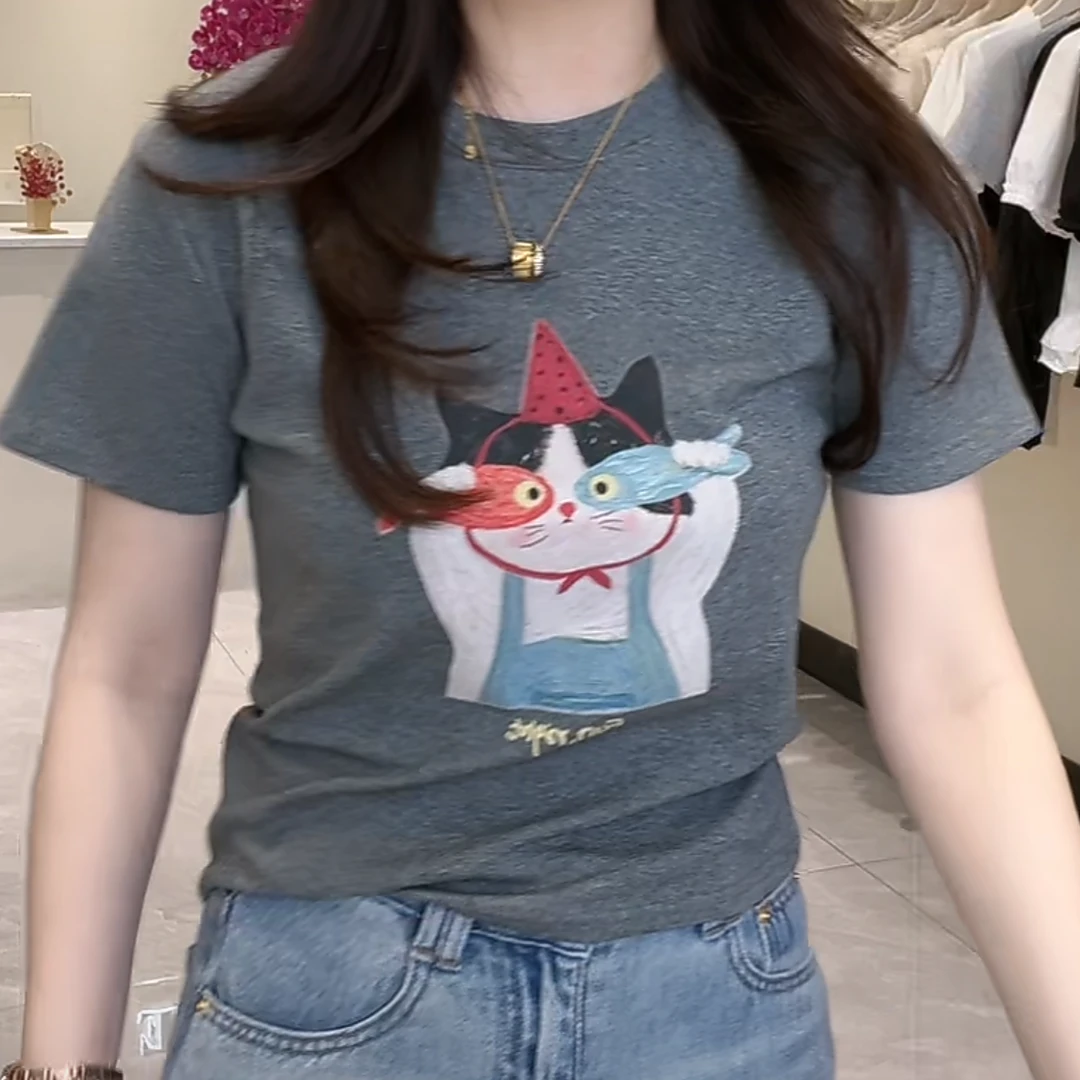 韩版卡通小猫印花短袖T恤女2025夏季新款设计感时尚通勤减龄上衣
