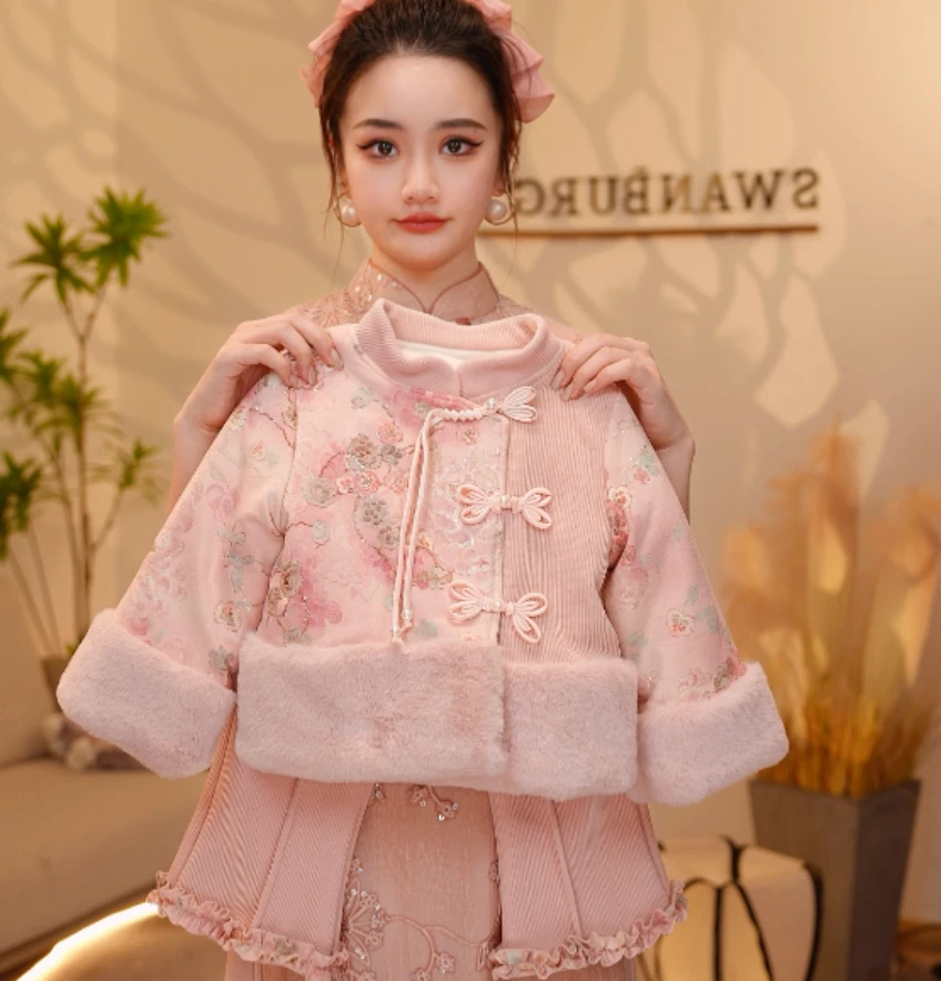 【Y.g0716】2025冬季新款女童国风加绒复古女宝重工长裤套装中式