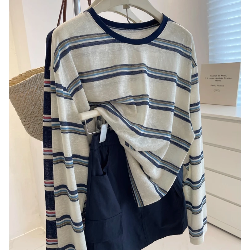 【6-8元运补】韩系条纹长袖防晒罩衫女夏季慵懒风T恤上衣初秋穿搭