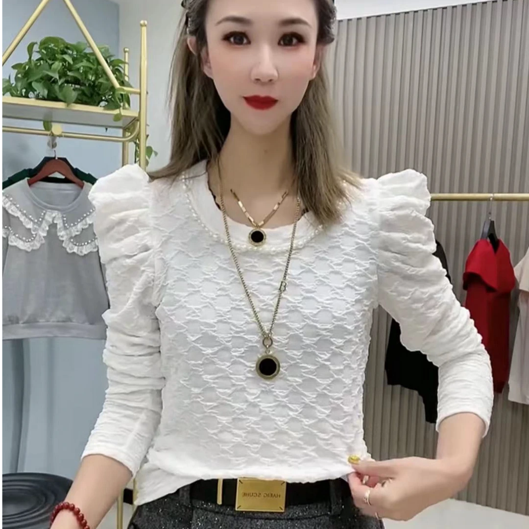 褶皱常规款泡泡袖T恤修身显瘦圆领百搭拼接洋气设计感蕾丝气质