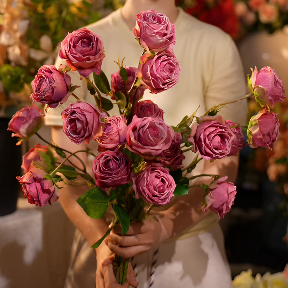 紫红色 7头玫瑰花焦边 玫瑰花 餐桌花 客厅花 仿真花