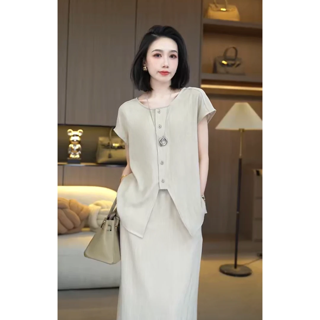 欧颍昇短袖两件套休闲女装小众显瘦时尚时髦气质套装裙子7227