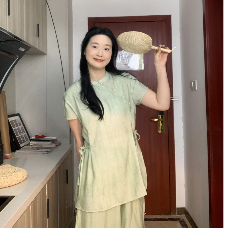 肆然新中式女装复古斜襟系带短袖上衣女国风宽松显瘦小衫上衣女