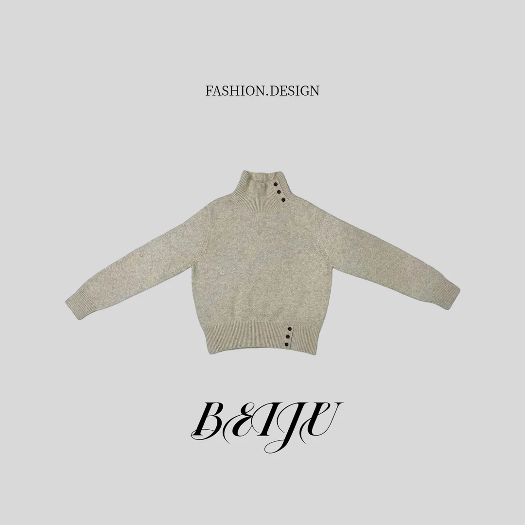 BEIJU 【霜月】新款女高领长袖纯色针织衫纽扣装饰打底衫毛衣9591