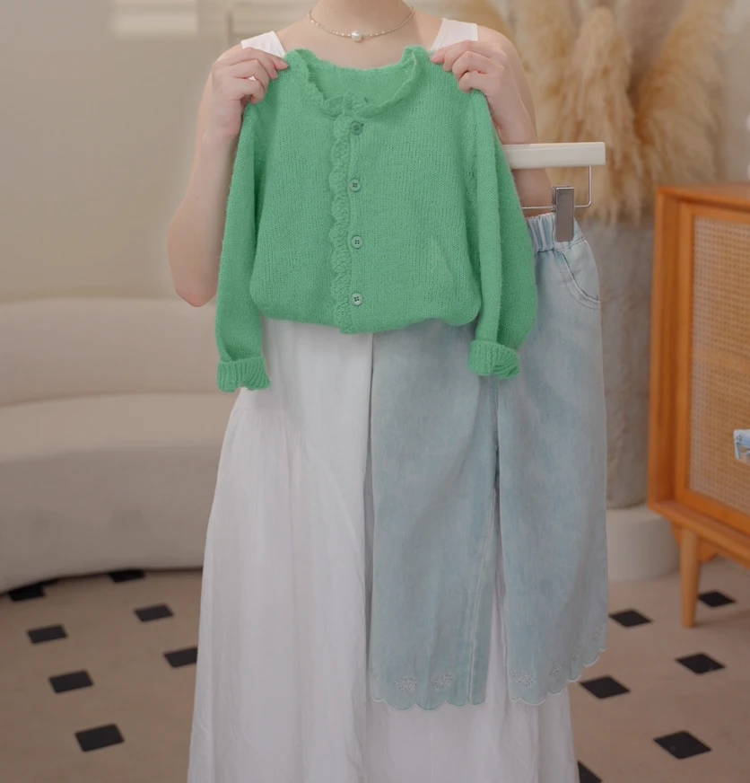 2025秋季韩版女童多巴胺绿色开衫刺绣牛仔裤套装时尚百搭250310B