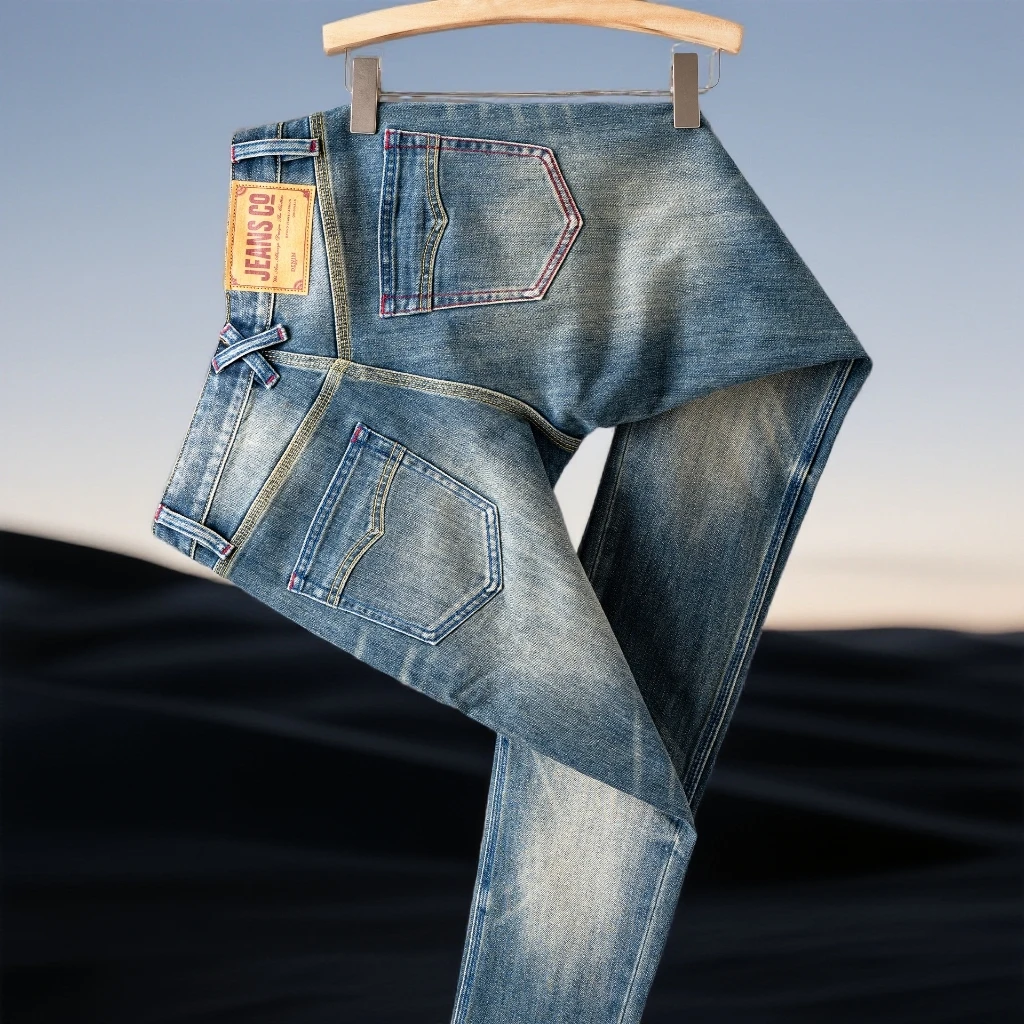 巴赛娜缇时尚休闲新款男士牛仔裤休闲百搭弹力修身小直筒长裤春秋