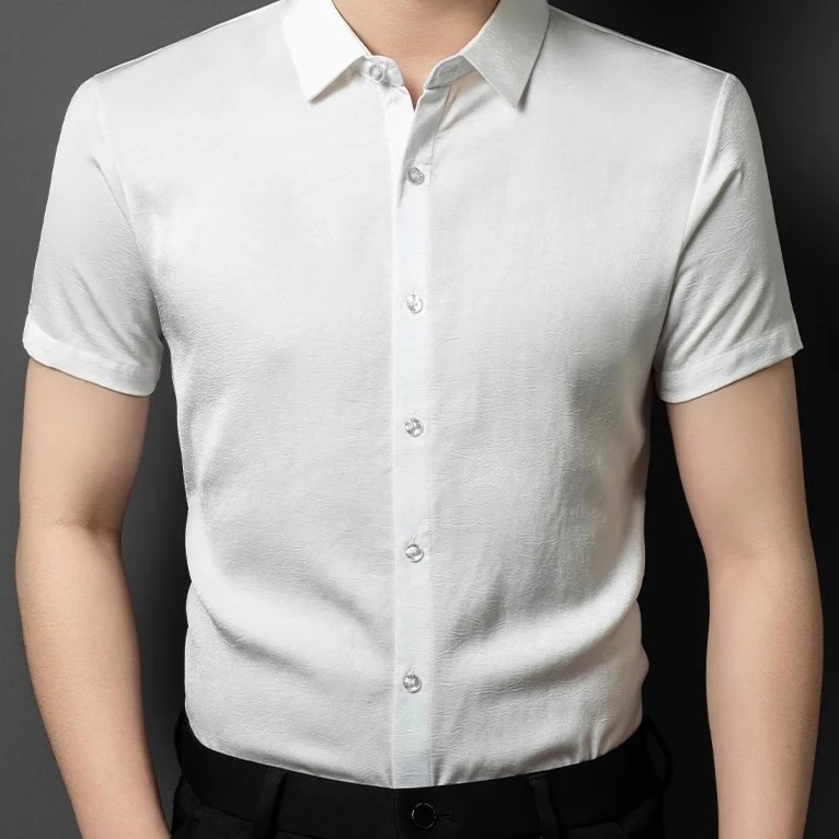2025新款-高档桑蚕丝夏季商务休闲短袖Polo衫翻领宽松衬衫