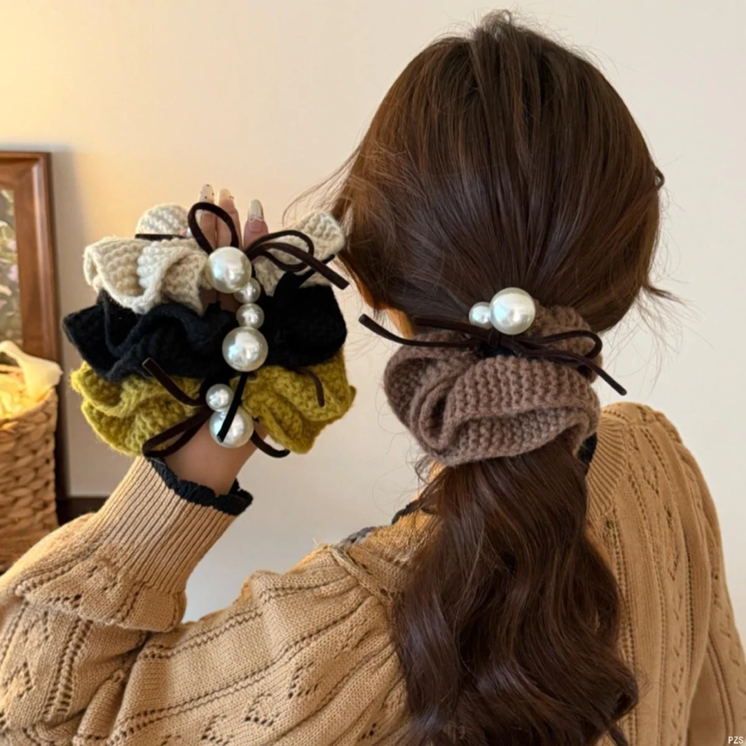 冬日毛绒~珍珠蝴蝶结大肠发圈女扎头发皮筋头绳2025新款发绳头饰