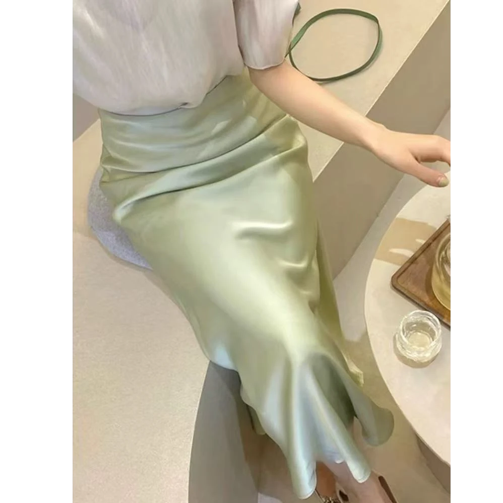 新中式轻奢时尚夏季气质高腰休闲百搭显瘦高级感缎面醋酸A子长裙