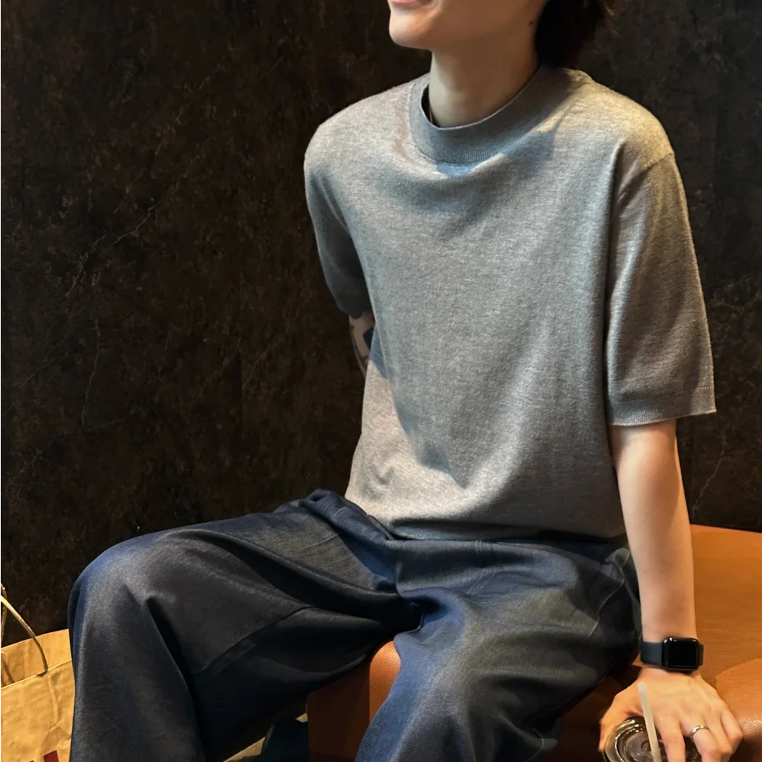 夏季针织短袖凉感透气小领口修身螺纹打底衫纯色男女老钱风半袖