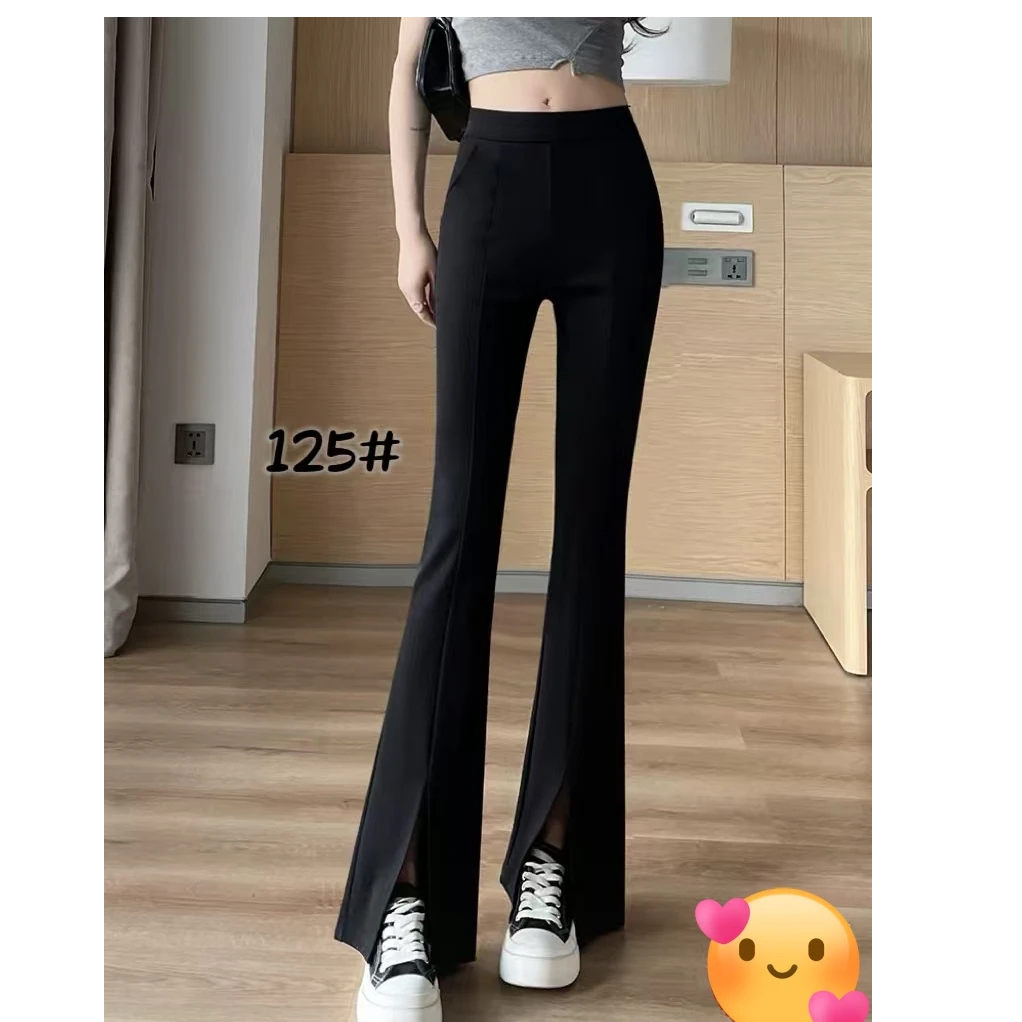 大码女装喇叭裤春季新款小个子高腰显瘦垂感修身开叉微喇裤子女