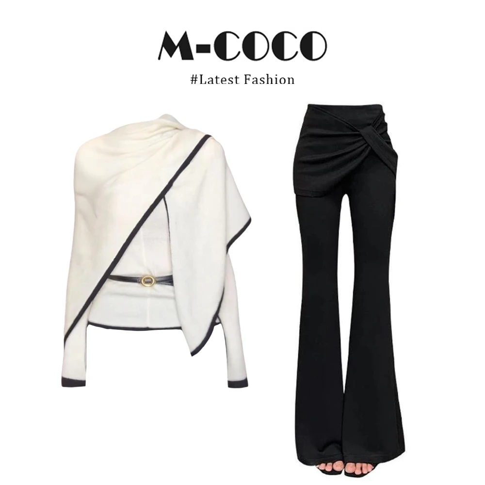 【现货秒发】早秋轻熟简约风披肩长袖针织衫上衣百搭微喇裤两件套