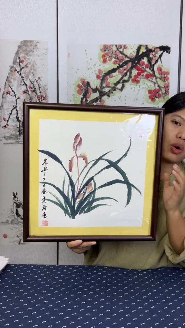 国画纯手绘兰花图带框41×41