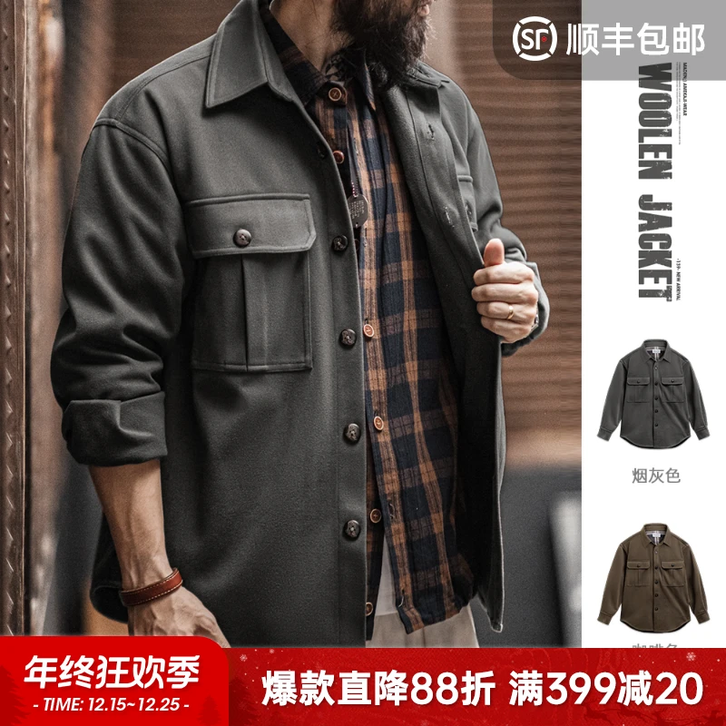 马登工装美式复古星空毛呢衬衫夹克宽松翻领重磅呢子外套男秋冬装