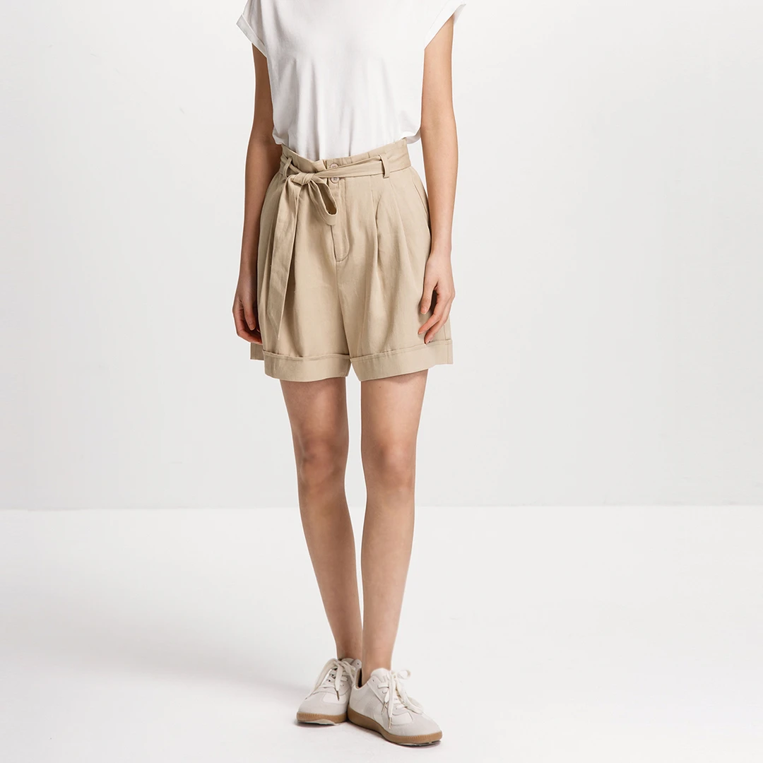 汉麻莱赛尔简约显瘦经典高腰系带A字版短裤