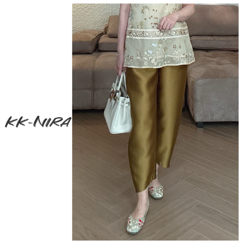 KK-NIRA 桑蚕丝松紧腰丝光茄子裤