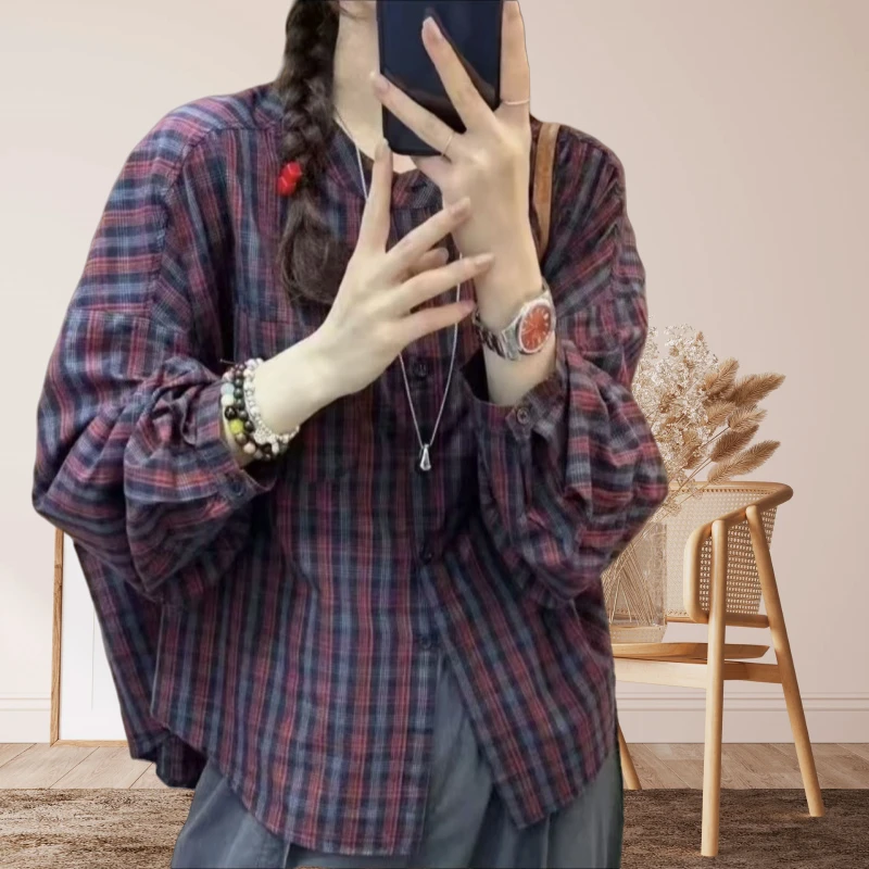 早秋新款长袖圆领格子休闲宽松衬衫上衣