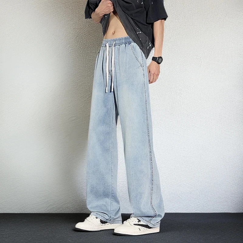 薄款牛仔裤夏季新款垂感直筒裤美式休闲高街男款宽松阔腿冰丝裤子