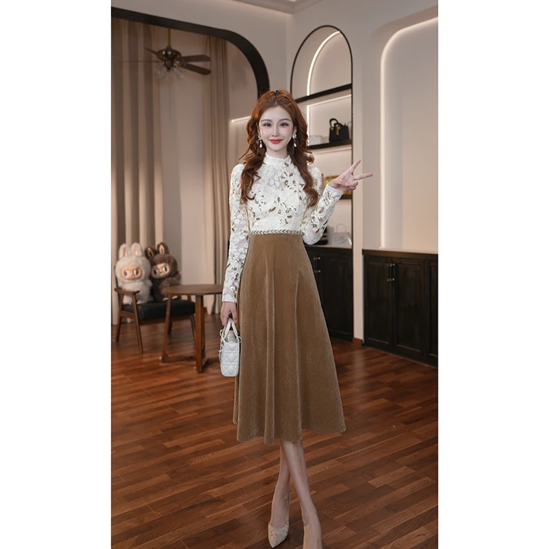 【晚晚定制】设计师新款长裙花纹圆领显瘦复古连衣裙21946