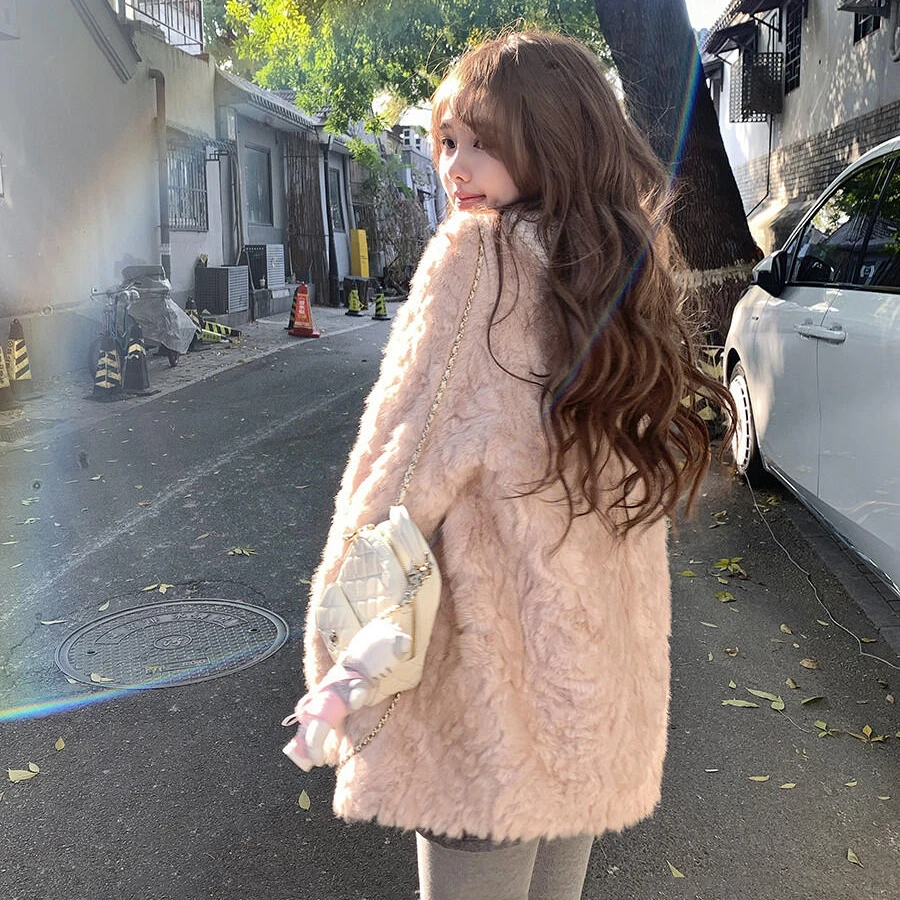 冬季新款小湖羊环保皮草皮毛一体外套女加厚粉色中长款毛毛大衣
