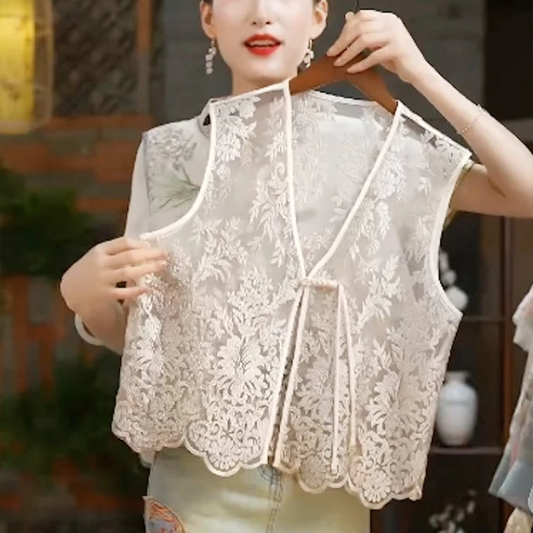 蕾丝国风短款夏季上衣女装半开领马夹刺绣马甲立领薄款时尚