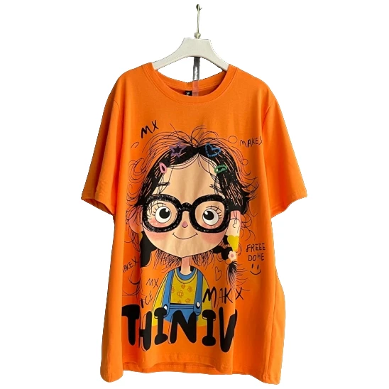 印花短袖拼接胖妹卡通夏季纯棉T恤宽松黄色t恤美式宅萌系